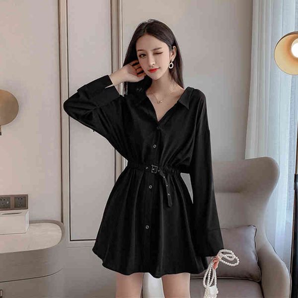 

women's shirt dressses belt solid single button long-sleeved turn-down collar chic ladies mini dress bandage vestidos pl121 210506, Black;gray