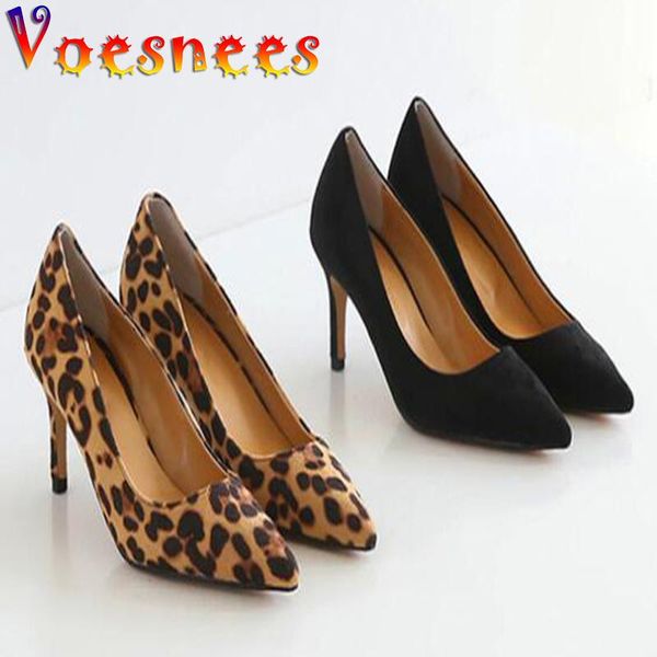 

voesnees women shoes 2021 spring autumn fashion leopard print flock high heels pointed toe shallow thin ladies pumps dress, Black