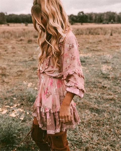 

vintage floral print long sleeve womens tank v neck ruffles beach bohemian dress tassel rayon mini boho vestidos, White