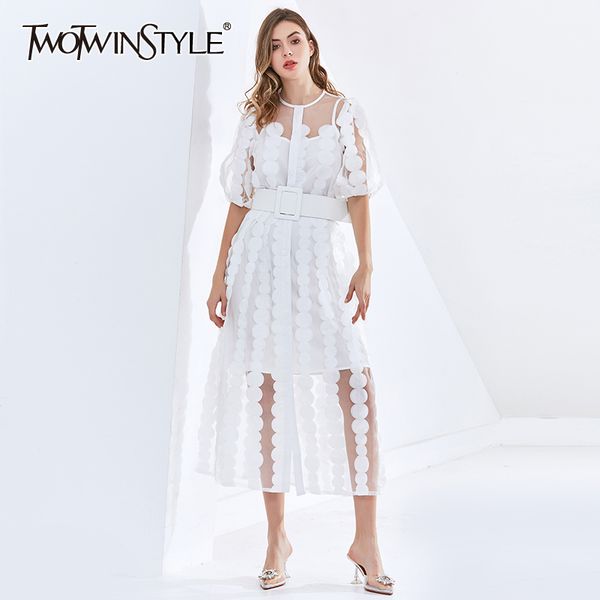 

twotwinstyle patchwork dot dress for female o neck puff sleeve high waist sashes white dresses female fashion clothing 210517, Black;gray
