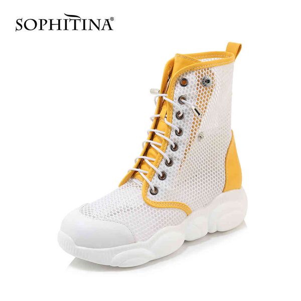 

sophitina summer boots for women fashion breathable mesh ankle boot lace up thick platform low heel dress shoes po682 210513, Black