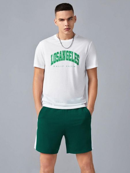 

men letter graphic tee & side stripe track shorts set i8yt#, Gray