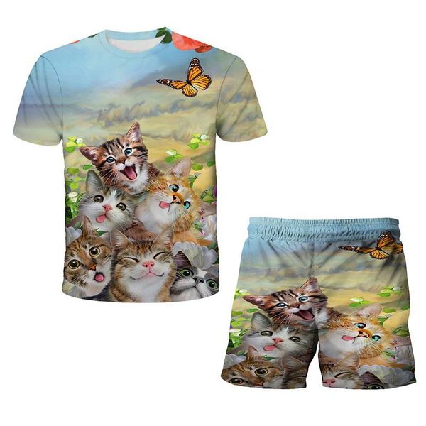 

fashion summer cute children's suit boys and girls short sleeve printed 3d cat t-shirt + shorts clothing sets, White