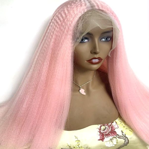 

synthetic wigs yaki pink lace front for women 26 inch super long natural kinky straight wig colorful cosplay, Black