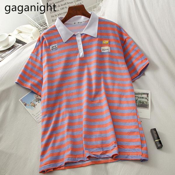 

women's t-shirt gaganight loose casual vintage striped basic tshirts cotton women summer short sleeve female turn down collar tee shirt, White
