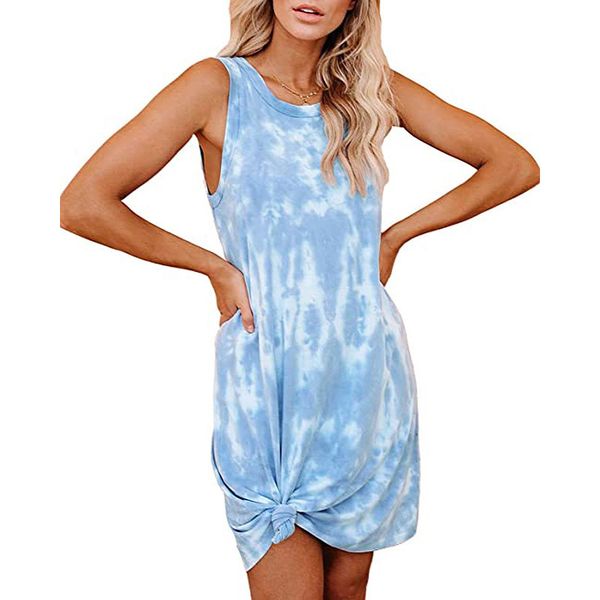 

women tie-dye print loose dress elegant casual o neck sleeveless mini dress summer plus size ladies beach dresses vestidos 210507, Black;gray
