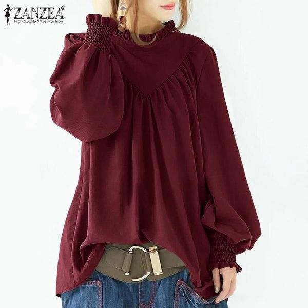 

women's blouses & shirts zanzea 2021 women fashion autumn puff sleeve blouse femme clothing plain ruffles work blusa casual office shir, White