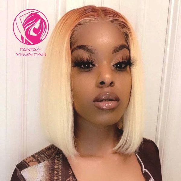 

lace wigs women human hair short bob cut front wig silky straight ombre 4/613 blonde transparent virgin 60# 13x1 150%, Black;brown