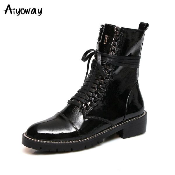 

boots patent leather motorcycle ankle rivet footwear low heels lace up platform shoes woman winter big size 33-43 aiyoway, Black
