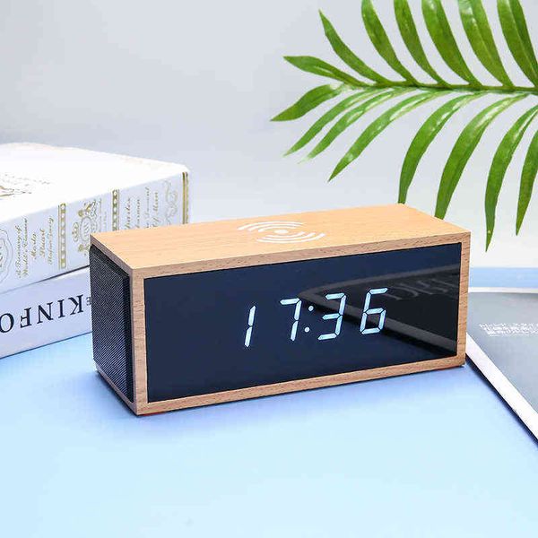 Fling eletrônico relógio de madeira Bluetooth Speaker Wirless Carregando 3 em 1 Desktop Despertador Hi-Fi Alto-falante Tabela Calendário Decro 211112