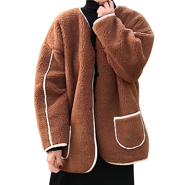 

women's jackets 2021 women jacket womens winter fashion patchwork pocket long sleeves coat plush overcoat #40%, Black;brown