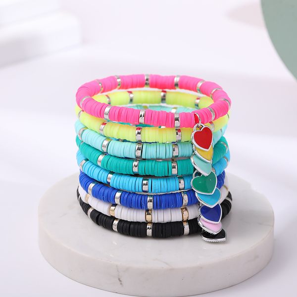 

heart charms 6mm bohemian colorful clay bracelets for women summer beach charm elastic soft polymer female bracelet boho jewelry, Golden;silver