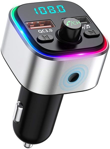 

car bluetooth handskits wireless fm radio transmitter adapter hands calling 6 colors led backlit with qc3.0 charging supports tf card & usb