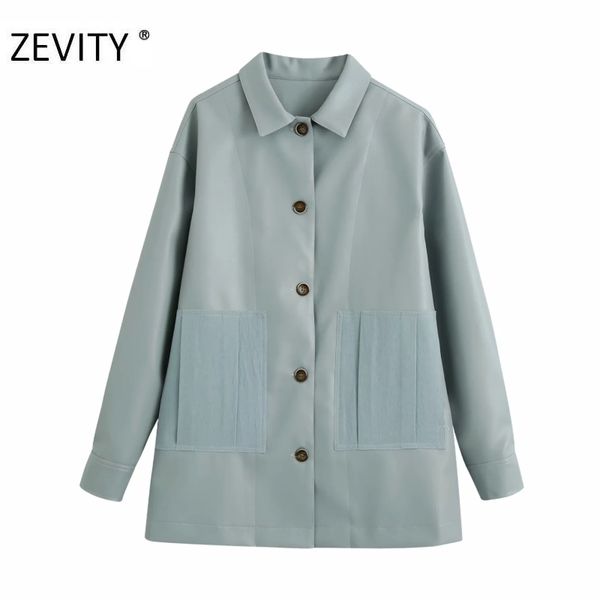 

zevity women vintage pocket patch pu leather shirt coat female long sleeve breasted leisure coats casual chic jacket ct576 210419, Black;brown