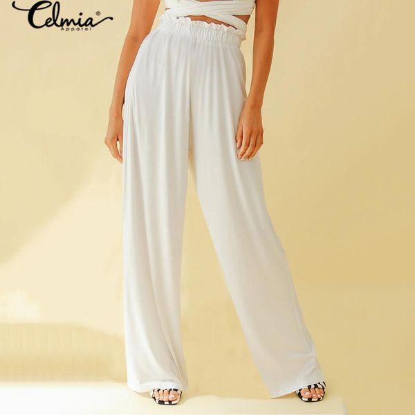 

women's pants & capris women summer wide leg celmia 2021 fashion solid high elastic waist long trousers plus size ladies streetwear pan, Black;white