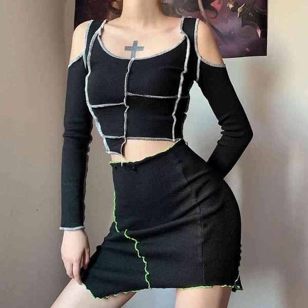 

women's t-shirt sweet and cool girl is a short with open thread stitching. irregular self-cultivation hollow hole long-sleeved t-shirt, White