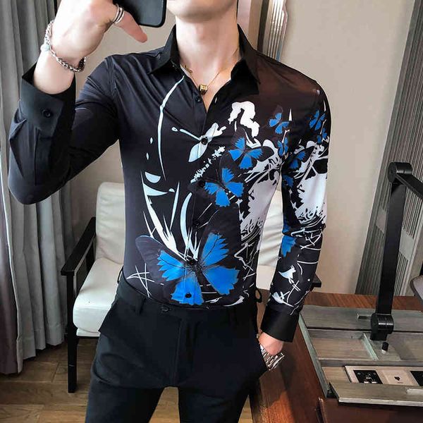 

men's casual shirts black/white floral british style nightclub thin manga long digital fingerprint shirt iry9, White;black