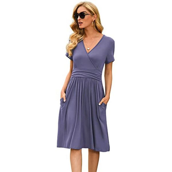 

casual dresses plus size losse midi vrouwen jurken nieuwe 2021 zomer pocket jurk korte mouwen v-hals solid big swing dames vestidos, Black;gray