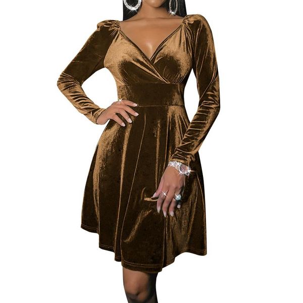 

casual dresses women clothing velvet dress v neck long sleeve polyester autumn spring solid color a-line clothes for club party wedding, Black;gray