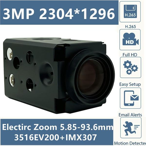 

electric zoom 5.85-93.6mm ip camera module board irc 3516ev200+imx307 h.265 3mp 2304*1296 low illumination onvif p2p xmeye cameras