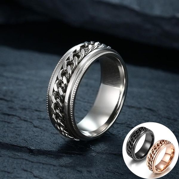 

cluster rings fashion stainless steel rotatable chain spinner ring for men blue gold black punk rock accessories jewelry party gift, Golden;silver