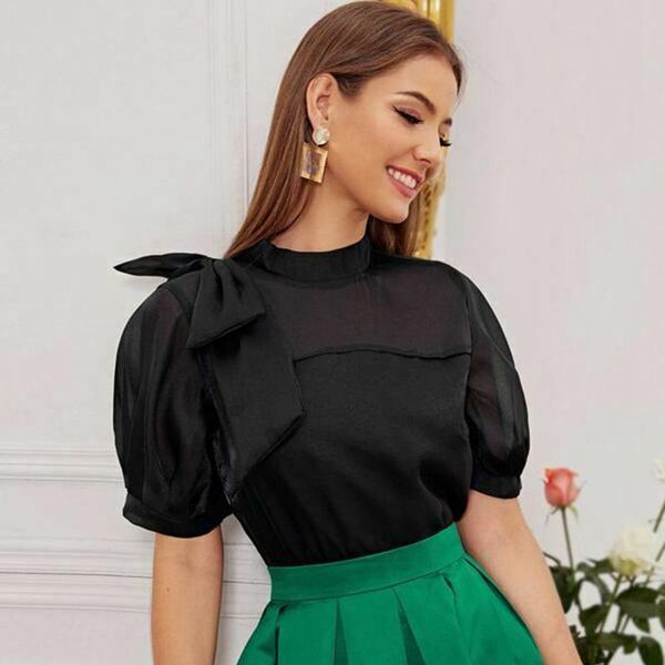 

summer fashion women short sleeve bow chiffon shirt blouse office laides business ladies shirts women's blouses &, White
