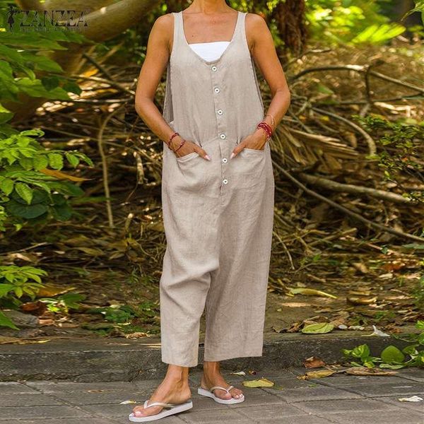 

women's jumpsuits & rompers 2021 summer solid wide leg zanzea casual sleeveless overalls women vintage cotton linen playsuits suspender, Black;white