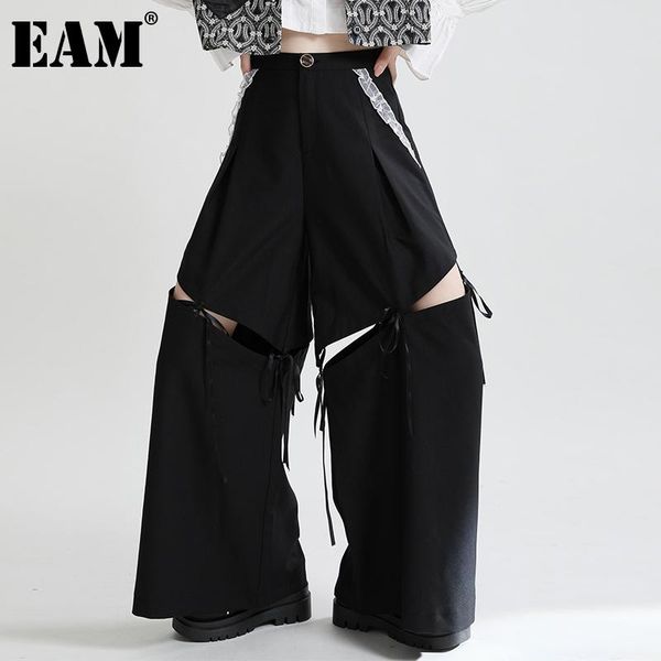 

women's pants & capris [eam] high waist black bandage two ways wear wide leg trousers loose fit women fashion tide spring autumn 2021 1, Black;white