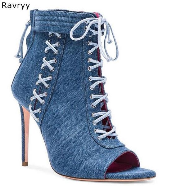 

dress shoes denim woman sandals cross-tied blue short sandal boots summer fashion thin heel high heels cover peep toe female, Black
