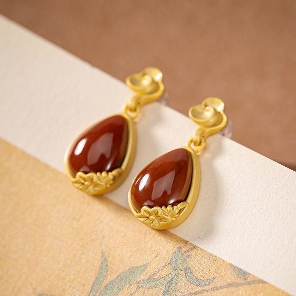 

dangle & chandelier original silver inlaid natural south red drop earrings chinese style retro unique ancient gold craft charm women's