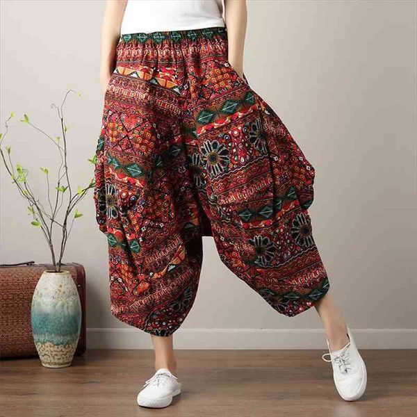 

hippie clothes bohemian printed summer women capris holiday trousers 70s ethnic vintage elastic waist loose casual cotton, Black;white