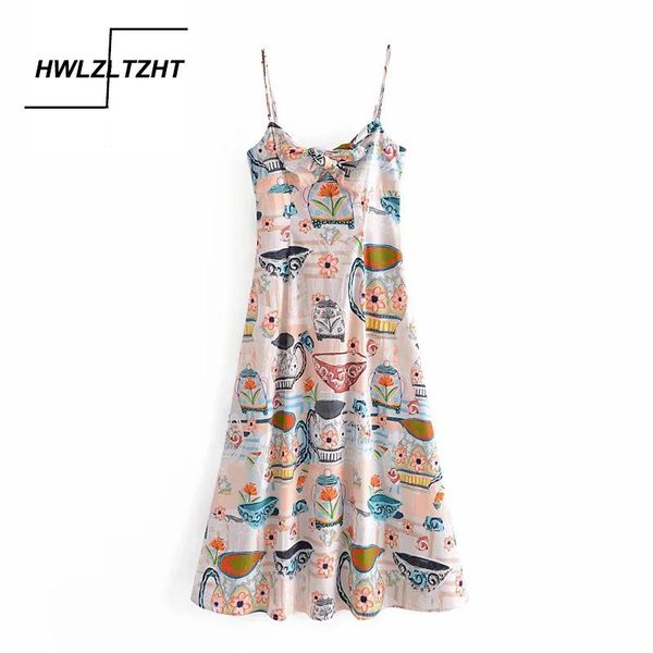 

casual dresses hwlzltzht elegant women dress 2021 summer fashion bow print midi adjustable backless sleeveless zipper, Black;gray