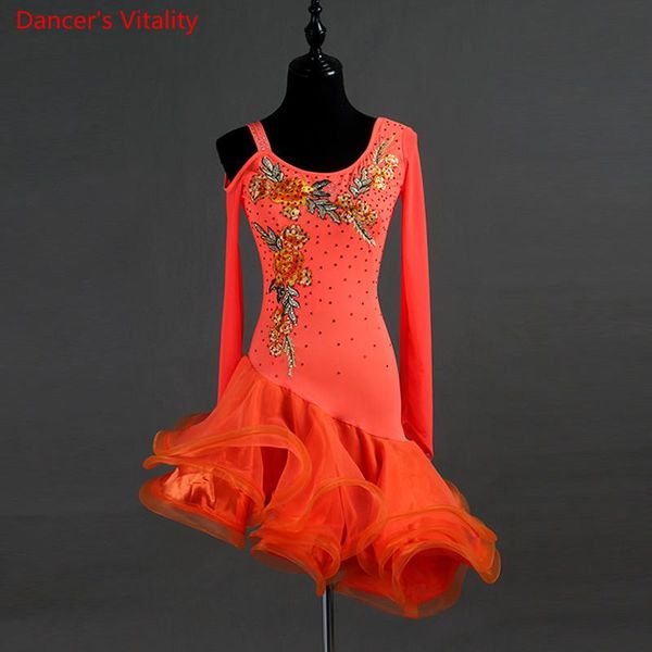 

stage wear latin dance dress senior embroidery diamonds irregular fishbone gauze dresses women ballroom performance costumes, Black;red