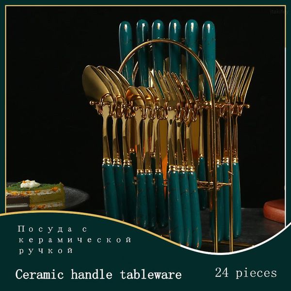 

dinnerware sets ceramic handle cutlery set stainless steel 24pcs knives forks coffee spoons flatware kitchen dinner tableware