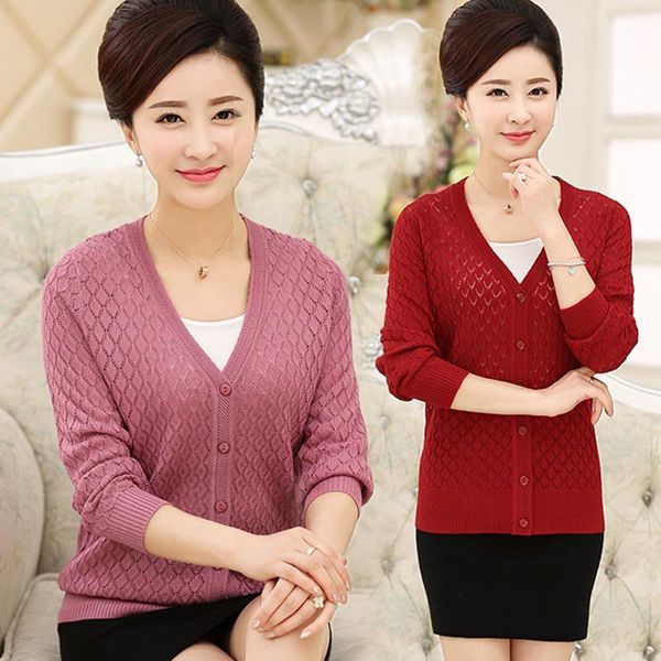

middle aged mom spring women sweaters autumn hollow cardigan loose knit plus size v neck coat thin z33, White;black