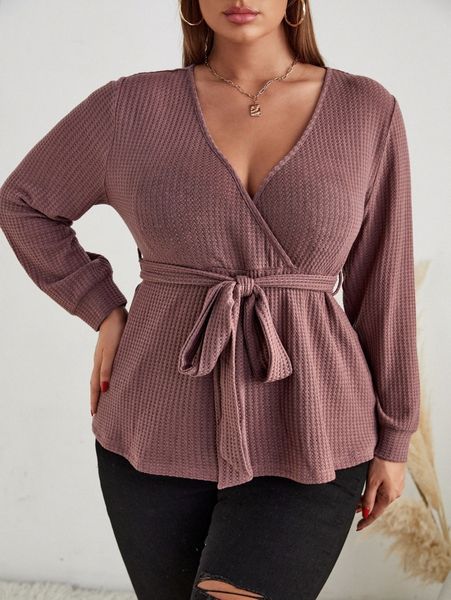 

plus waffle knit surplice neck belted tee p2de#, Black