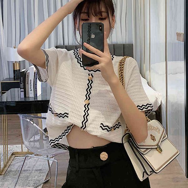 

women's t-shirt shintimes short t women button knitted hollow out striped white female summer sleeve black tee femme 2rv8