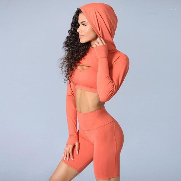 

yoga outfit set women 3 pcs fitness suit long sleeve crop push-up bra padded shorts naked-feel fabric workout hooded gym sportwear