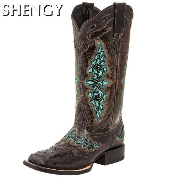 

boots autumn women shoes flower print mid-calf slip-on fashion outdoor patchwork ladies totem round toe rome males western, Black