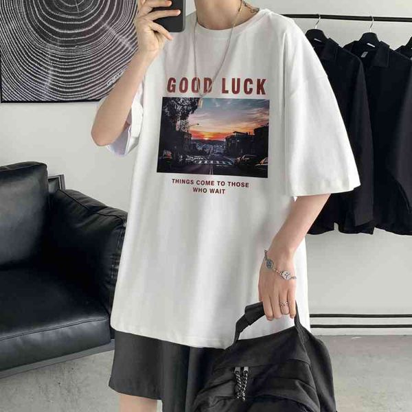 

220 jin ins street fashion t-shirt men's short sleeve hip hop, White;black