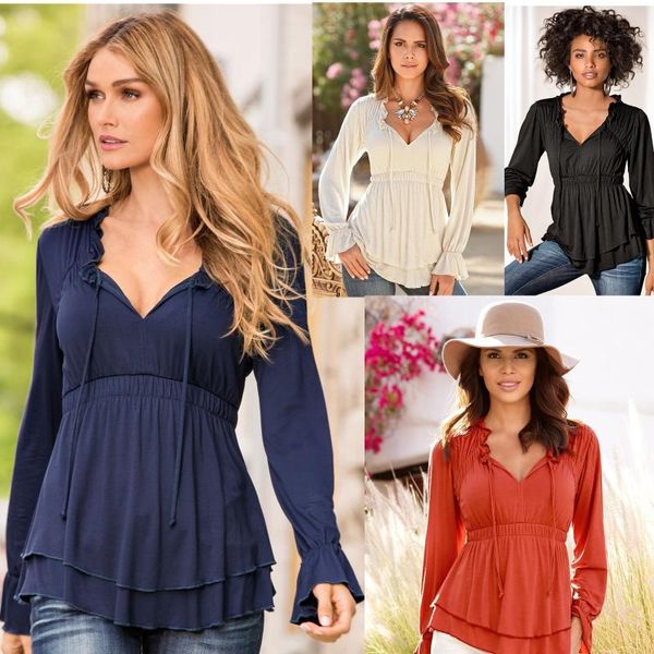 

women's blouses & shirts 2021 spring autumn women long sleeve v neck loose ruffles pleated chiffon casual office blusas, White