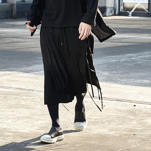 

men's pants men ribbon splice loose casual black wide leg pan male japan streetwear hip hop gothic punk harem trousers kimono skirt pan