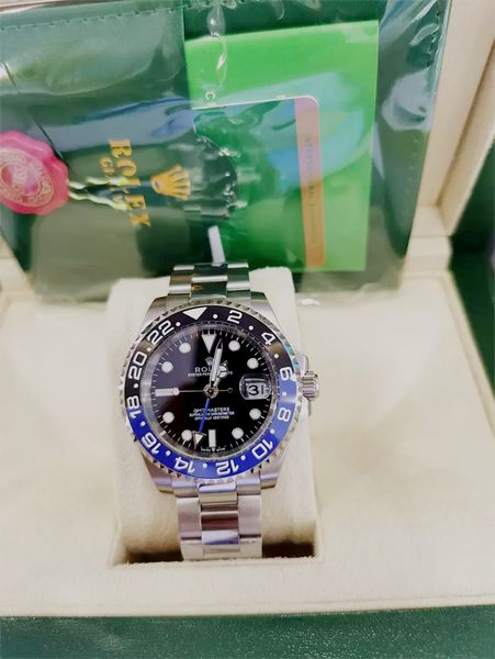 

with original box new style mens black blue bezel automatic watch men's calendar full steel gmt batman watches men sapphire 116719 busi, Slivery;brown