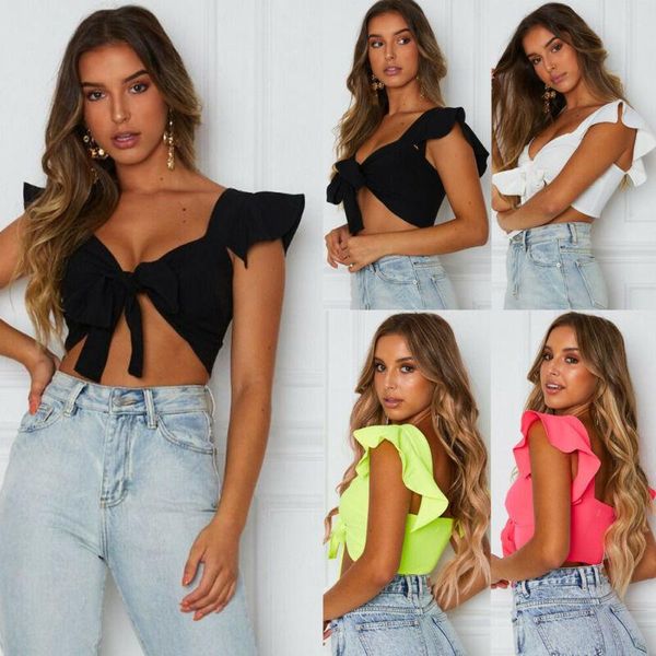 

women's shapers women short sleeve crop front knot tie ladies casual plain blouse shirt, Black;white