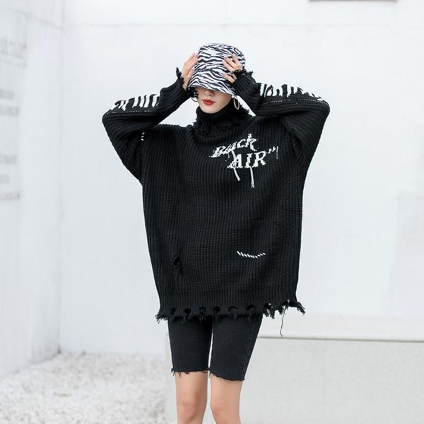 

women's sweaters knitted turtleneck plus velve sweater 2022 winter punk rock vintage oversize couple ripped pullovers, White;black