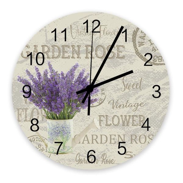 

wall clocks 30cm clock purple flowers lavender vintage postcard home quiet silent simple mute decorative living room watch