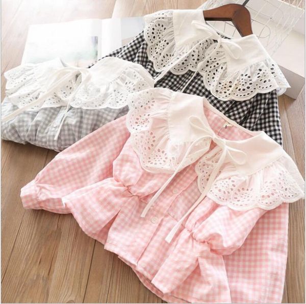 

shirts kids blouse 2021 spring girl lace cotton plaid clothing cute children clothes wholesale 5 pcs/lot, White;black