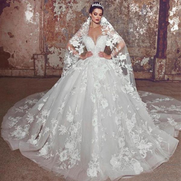 2021 Modern Lace Flowers A Line Wedding Dresses Plus Size Nupcial Vestido Backless Pedido Pérolas Pérolas Frisadas Noiva Bola Vestido