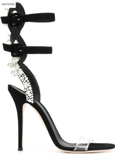 

women dress shoes open toe high heels party summer diamond stud gladiator sandals pearl strappy, Black