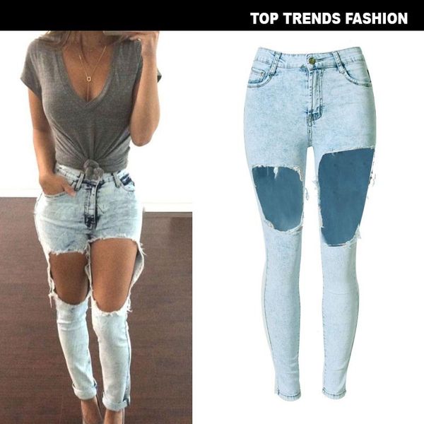 

high waist snowflake irregular big hole cowboy pants with large size, Blue